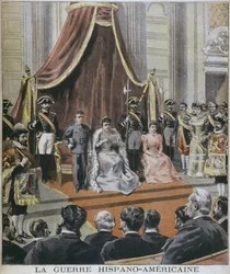 Spansk-amerikanska kriget i Spanien, drottningen läser sitt budskap till Cortes i Madrid, illustration från "Le Petit Journal", Supplement illustre, 8 maj 1898